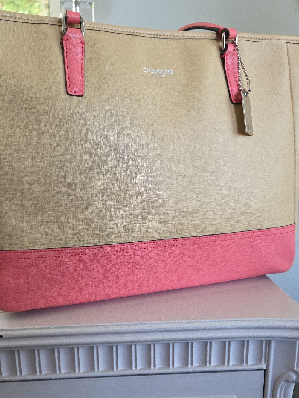 COACH Tan & Coral Pink Saffiano Leather Tote - Picture 6 of 16